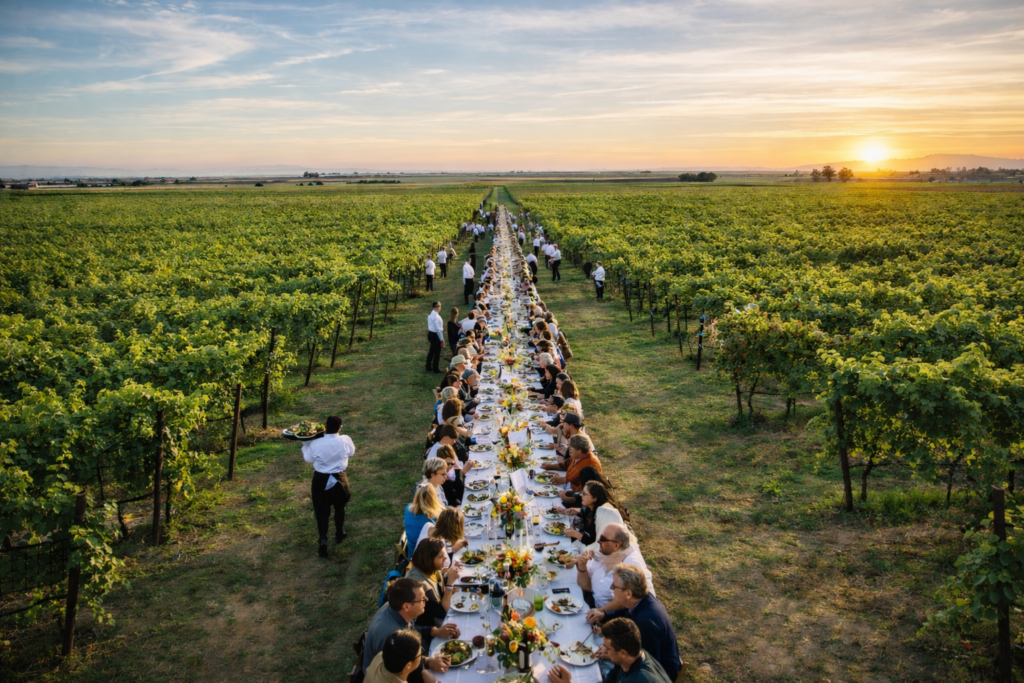 Long table dining experience set in a vineyard at sunset with guests enjoying a curated outdoor event